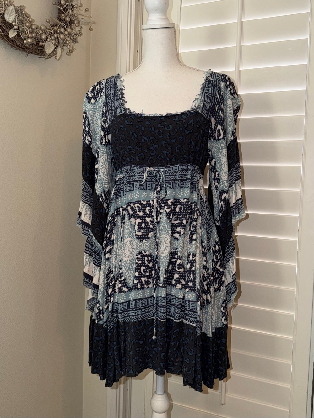 Free People Patterned Lined Peasant Tunic Dress in Navy and Light Blue